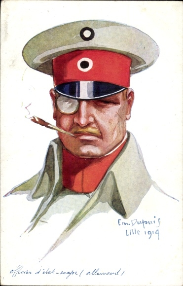 Kunstenaarskaart Dupuis, Em., Duitse officier, portret, sigaret, monocle, pet, Lille 1914