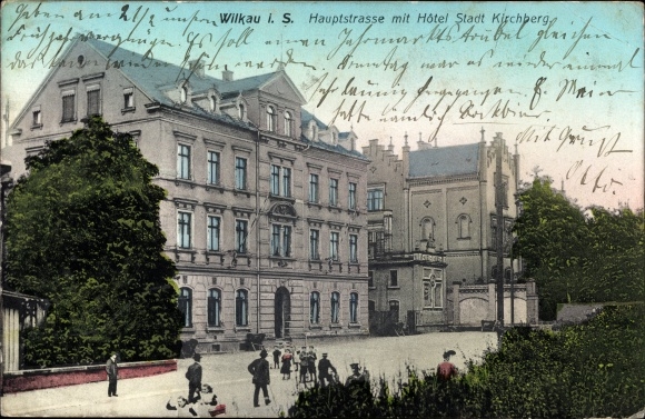 Postcard Wilkau Hasslau in Saxony, main street with Hotel Stadt Kirchberg