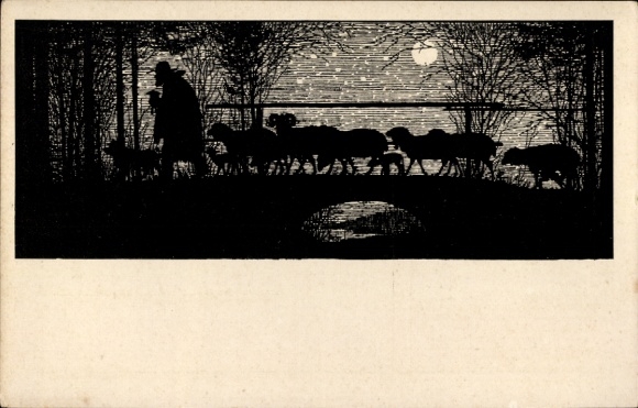 Paper cutting artist Postcard Madlener, J., Homecoming, Sheep, Shepherd