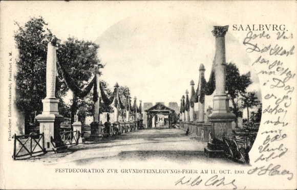 Postcard Köppern Friedrichsdorf im Taunus, Saalburg train station, festive decoration for the laying of the foundation stone