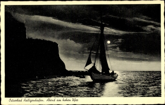 Postcard Ostseebad Heiligenhafen in Holstein, high shore, night, full moon, sailing boat