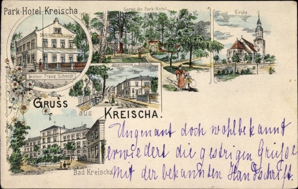 Chromo-Litho Kreischa in the Ore Mountains, Parkhotel Kreischa, church, main street, bath