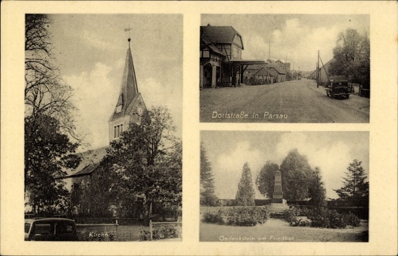 Postcard Parsau in Lower Saxony, memorial stone, church, village street