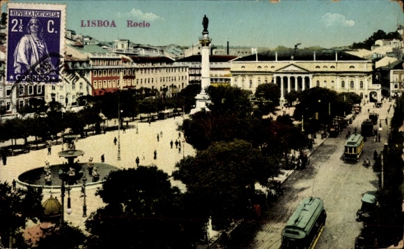 KP Lizbona Lizbona Portugalia, plac ze statuą, budynek, tramwaj, stempel pocztowy