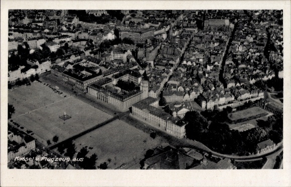 Postcard Hassel on the Weser, aerial photograph, city view, square, buildings
