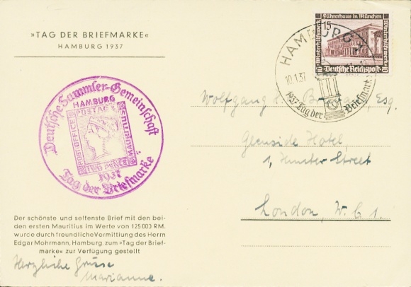 Michel 640 on special card Stamp Day 1937, to London