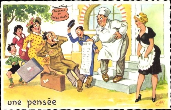 Artist Postcard Chaperon, J., Man sees a bill for the stay in the hotel