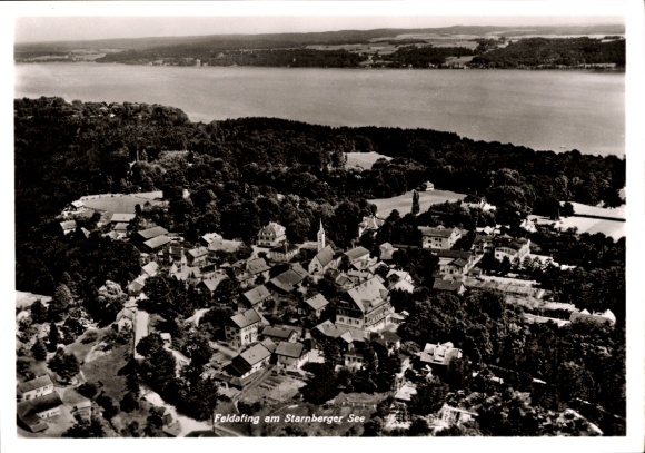 Postcard Feldafing on Lake Starnberg Upper Bavaria, aerial view of Feldafing, a lake view, many trees