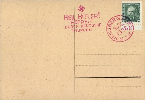 PC stamp Königsberg Eger 1938, Heil Hitler, Liberated by German troops, Sudetenland liberation