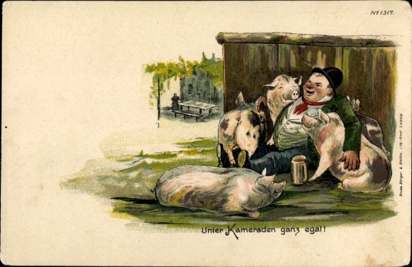 Postcard Hoflössnitz Hoflößnitz Radebeul Saxony, man with pigs 'It doesn't matter among comrades!'