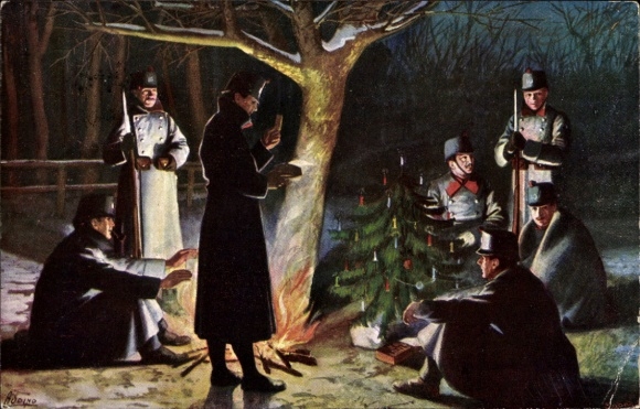 Kunstenaar Ak Zwitserse soldaten op een kerstfeest in het veld