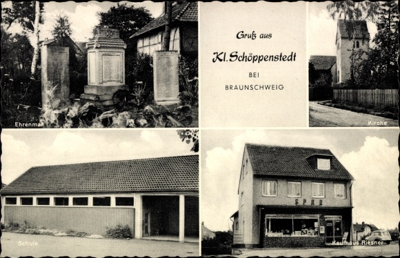 Postcard Klein Schöppenstedt in Lower Saxony, department store Riesner, school, memorial, church