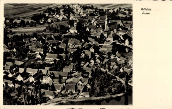 Postcard Willstätt in Baden, aerial view of many roofs, trees, landscape