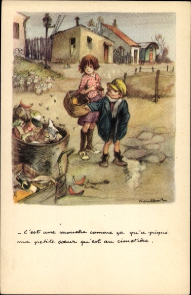Artist PC Poulbot, girl with basket, rubbish in the rubbish bin, Ligue national contre le taudis