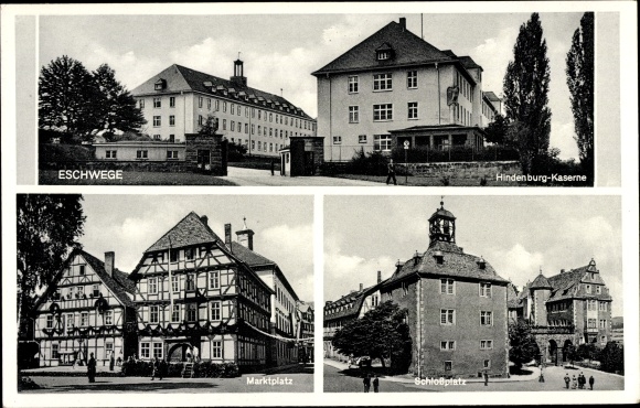 Postcard Eschwege on the Werra Hessen, Hindenburg barracks, market square, palace square