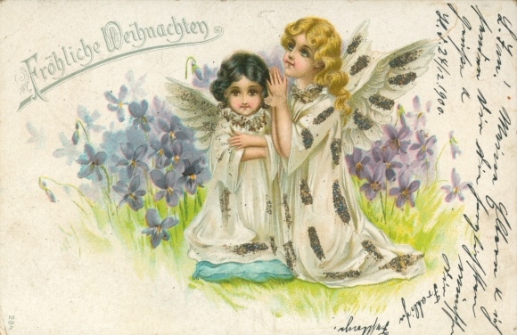 Glitter litho Gefeliciteerd Kerstmis, biddende engelen, viooltjes