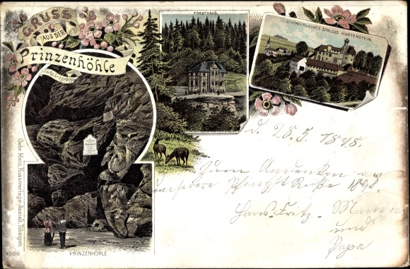 Chromo-Litho Hartenstein in the Erzgebirge of Saxony, castle, forester&#39;s house, prince&#39;s cave