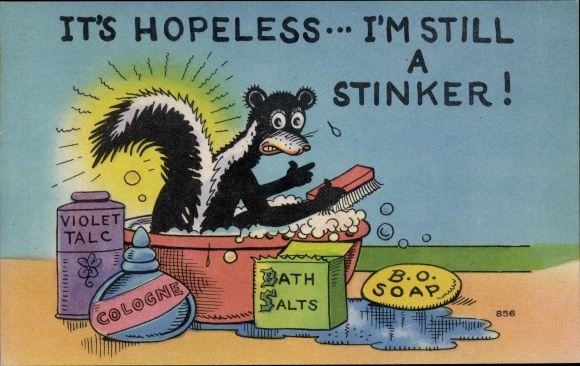 Artist Postcard It&#39;s hopeless, I&#39;m still a Stinker, skunk in bathtub, soap, perfume