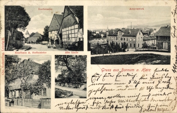 PC Bornum Bockenem am Harz, village street, A. Hoffmeister department store, axle factory, old linden tree