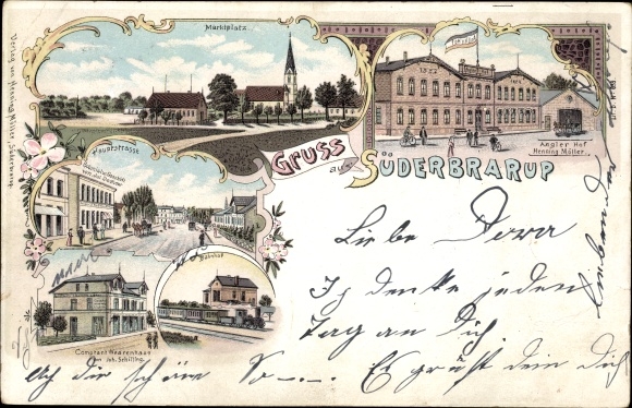 litho Süderbrarup in Sleeswijk-Holstein vissen, marktplein, hoofdstraat, treinstation, Angeler Hof