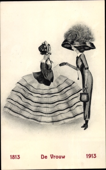 Postcard woman in dress, woman with hat, portrait, De Vrouw, Mode 1813 - 1913