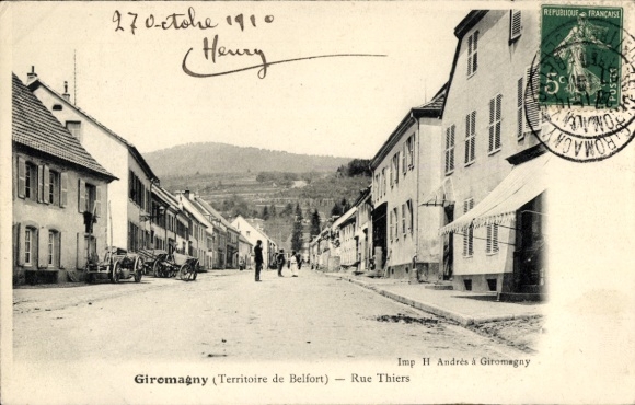 Postcard Giromagny Schermenei Territoire de Belfort, street with houses, people, horse-drawn cart, French