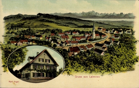 Künstler Ak Laimnau Tettnang in Württemberg, Gesamtansicht, Geschäftshaus Karl Vogel