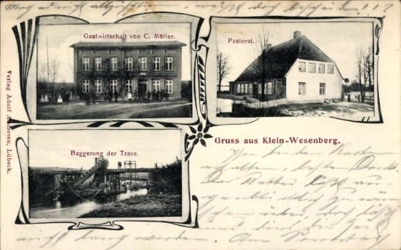Postcard Klein Wesenberg Schleswig-Holstein, inn, parsonage, dredging of the Trave