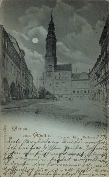 Ak Görlitz in der Lausitz, Rathaus, Untermarkt, Mondschein, Altstadt
