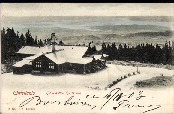 KP Christiania Oslo Norwegia, Holmenkollen, Sportsstuen, zimowy krajobraz,
