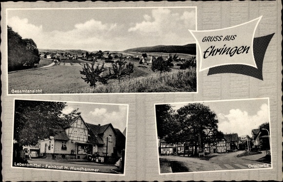 Postcard Ehringen Volkmarsen in northern Hesse, overall view, Lbenmittel Feinkost H. Hundhammer, local section