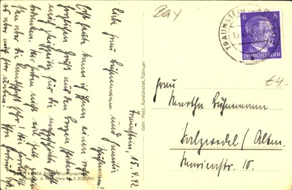 Postcard Traunstein in Upper Bavaria, view of mountains in the background, church tower