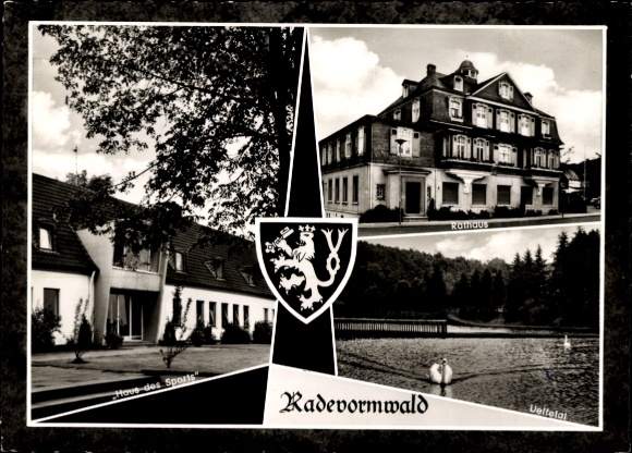 Postcard Radevormwald Bergisches Land, House of Sports, Town Hall, Uelfetal, Coat of Arms