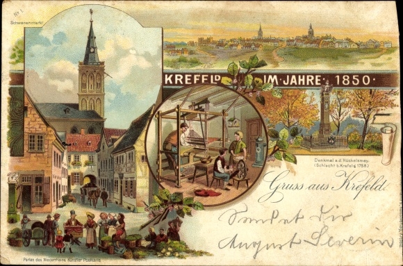 Chromo-Litho Krefeld am Niederrhein, city view in 1850, monument, carpet weaver, spinning wheel