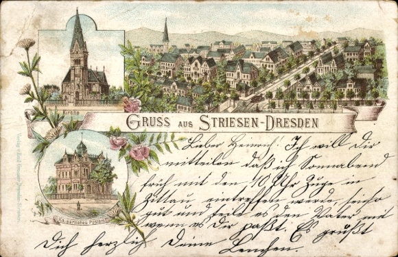 Voorloper litho Dresden Striesen, algemeen beeld, kerk, postkantoor