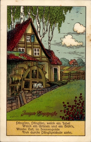Ak Glückwunsch Pfingsten, Wassermühle, Birken