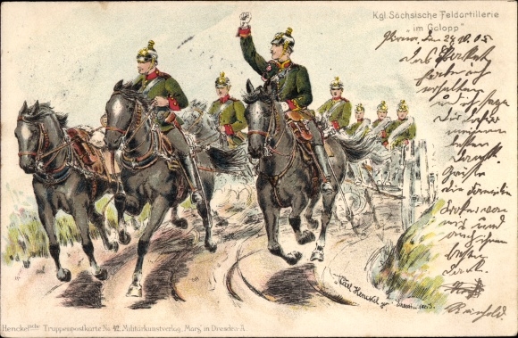 Artist Chromo-Litho Henckel, Carl, Royal Saxon field artillery at a gallop