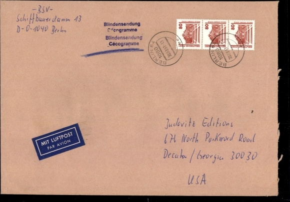 Michel No. 3349 (3) on airmail blind mail, Berlin, Georgia USA