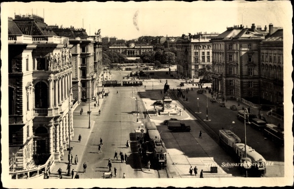 KP Wien 3. Landstraße Austria, Schwarzenberg Platz, tramwaje, przechodnie, pomnik, zamek