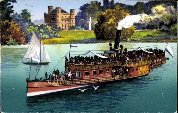Postcard Berg on Lake Starnberg in Upper Bavaria, saloon steamer Munich, Berg Castle