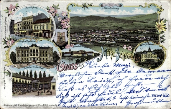Litho Šumperk Mährisch Schönberg Region Olmütz, Gesamtansicht, Marktplatz, Kurhaus