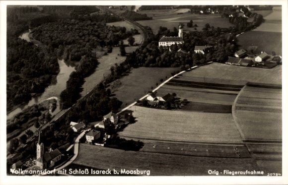 Postcard Moosburg an der Isar Upper Bavaria, aerial photograph, Isareck Castle