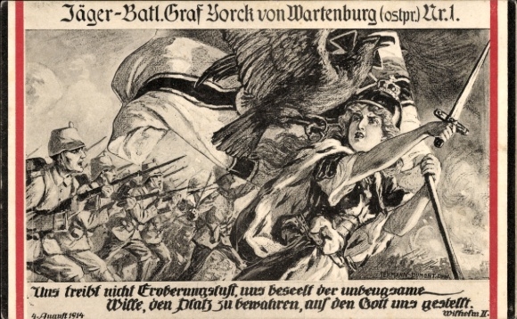 Künstler Ak Jäger-Batl. Graf Yorck von Wartenburg, Ostpreußen Nr 1, Zitat Wilhelm II, Germania