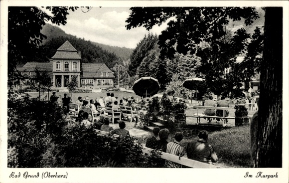 Ak Bad Grund im Harz, Kurpark, ältere Menschen, Gesellschaft, Bäume, Gebäude
