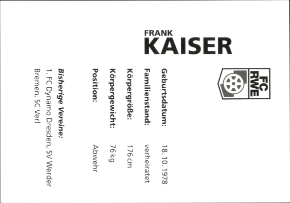 Autograph card footballer Frank Kaiser, FC Rot-Weiß Erfurt, autograph