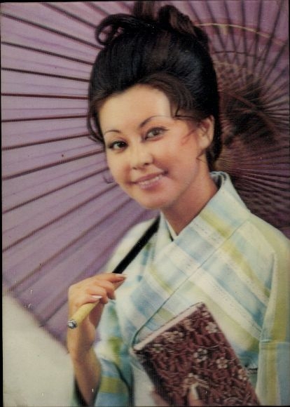 3-D Postcard Winking Asian, Parasol