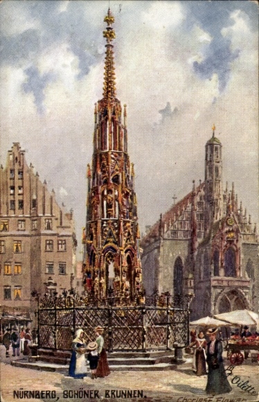 Artist Postcard Flower, Charles, Nuremberg in Middle Franconia Bavaria, Schöner Brunnen