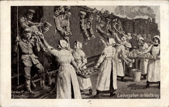 Artist Postcard Strieffler, gifts of love in the World War, soldiers going to war, train station, Red Cross