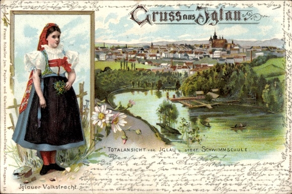 Litho Jihlava Iglau Region Hochland, Totalansicht, städt. Schwimmschule, Frau in Tracht