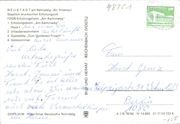 Postcard Neustadt am Rennsteig Großbreitenbach in Thuringia, FDGB recreation home, restaurant 'Zum Gol...